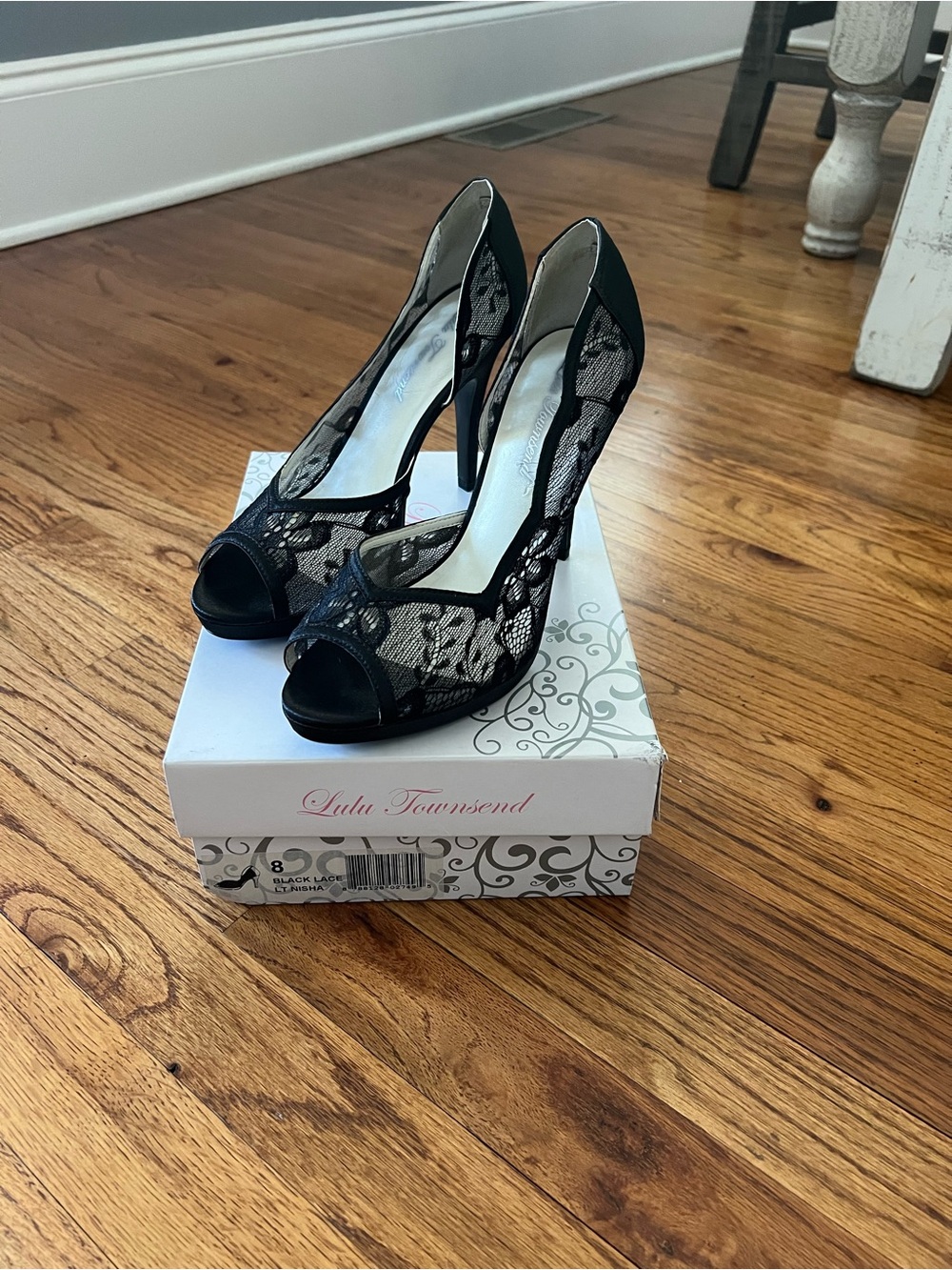 Lulu Townsend Black Lace Peep-Toe Stiletto Heels
